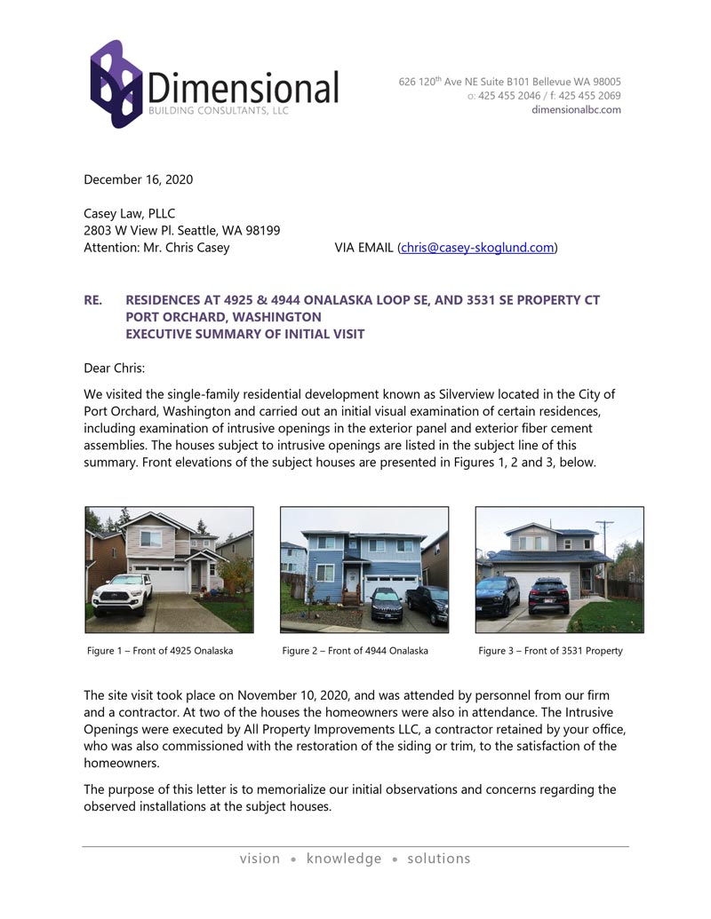 Photocopy of property review conducted by Dimensional Building Consultants, LLC