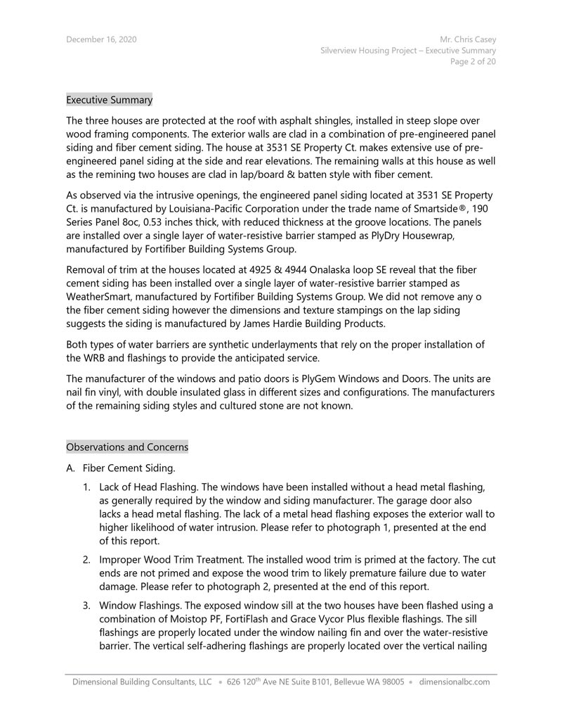 Document providing executive summary and observations and concerns